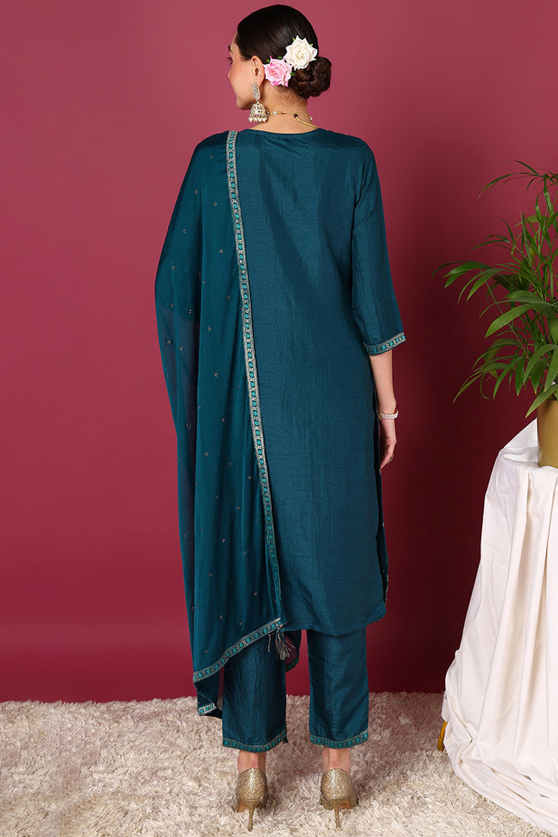 Teal Silk Blend Ethnic Motifs Woven Design Straight Suit Set PKSKD1780