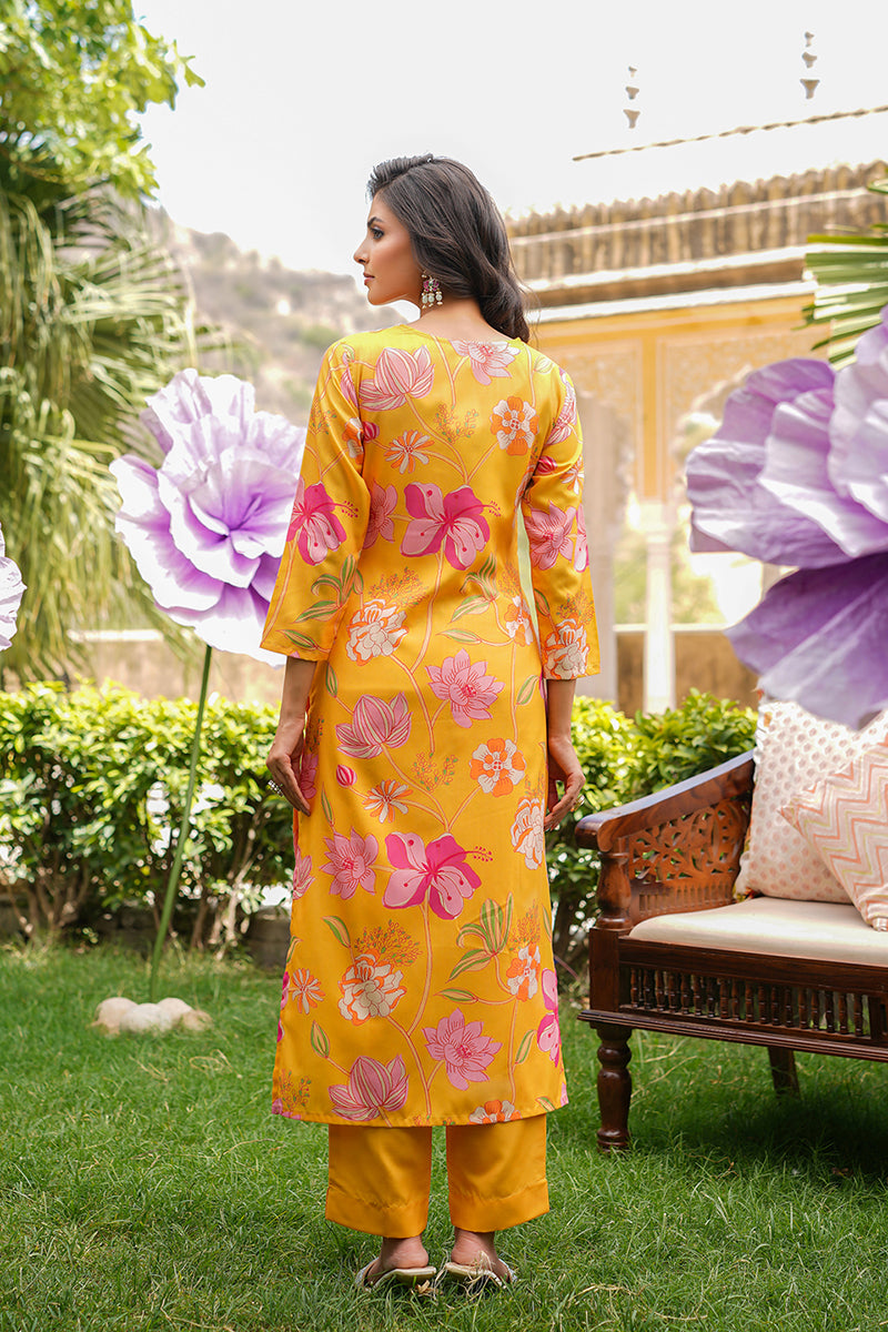 Yellow Silk Blend Floral Printed Straight Kurta Trousers With Dupatta SKSKD3099