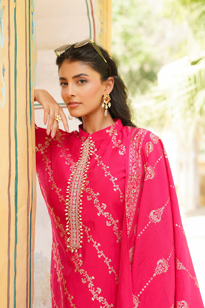 Pink Silk Blend Floral Printed Straight Kurta Trousers With Dupatta SKSKD3044