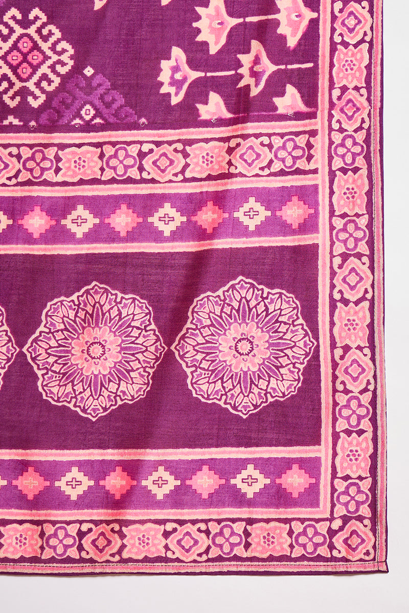 Purple Silk Blend Ethnic Motifs Printed Straight Kurta Trouser With Dupatta PKSKD3231