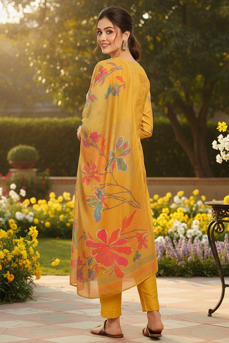 Mustard Yellow Rayon Blend Floral Printed Straight Suit Set PKSKD2416