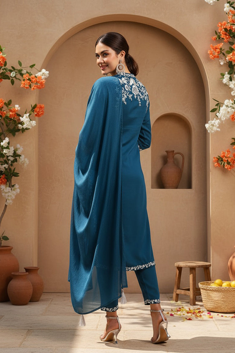 Teal Blue Silk Blend Solid Embroidered Straight Suit Set PKSKD2216
