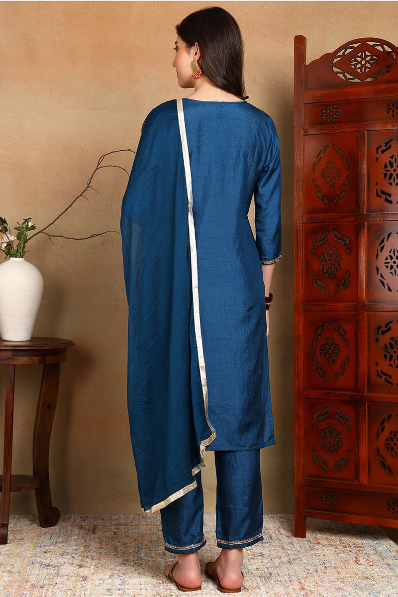 Silk Blend Blue Embroidered Straight Kurta Pant With Dupatta PKSKD1820