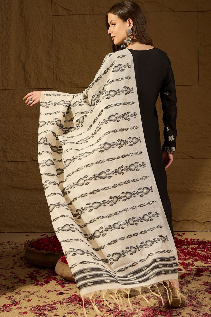 Black Poly Chanderi Solid Embroidered Straight Kurta Bottom and Dupatta PKSKD2900