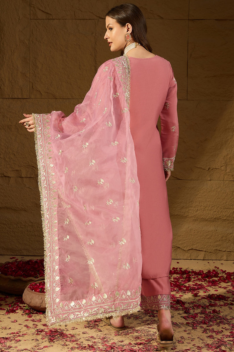Pink Silk Blend Solid Embroidered Straight Kurta Trousers With Dupatta PKSKD2939