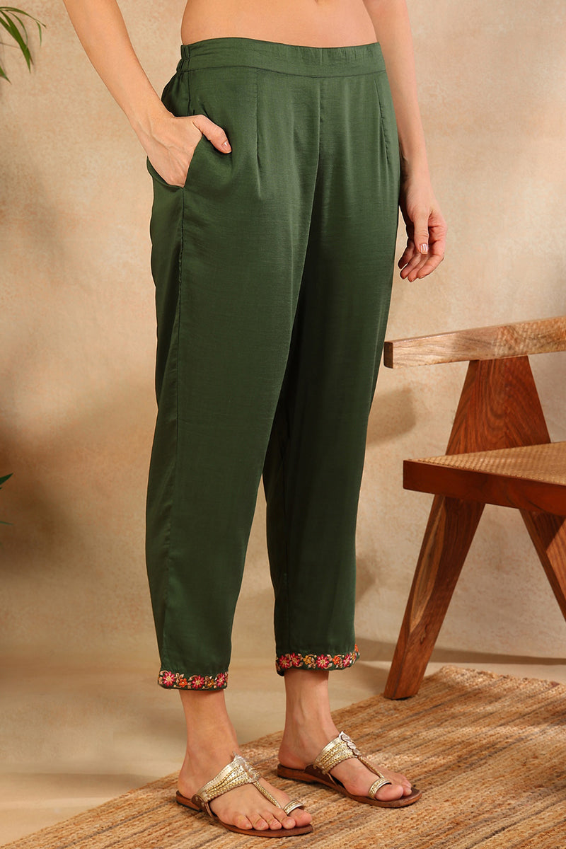 Green Silk Blend Solid Embroidered Straight Trouser Bottom Suit Set PKSKD2635