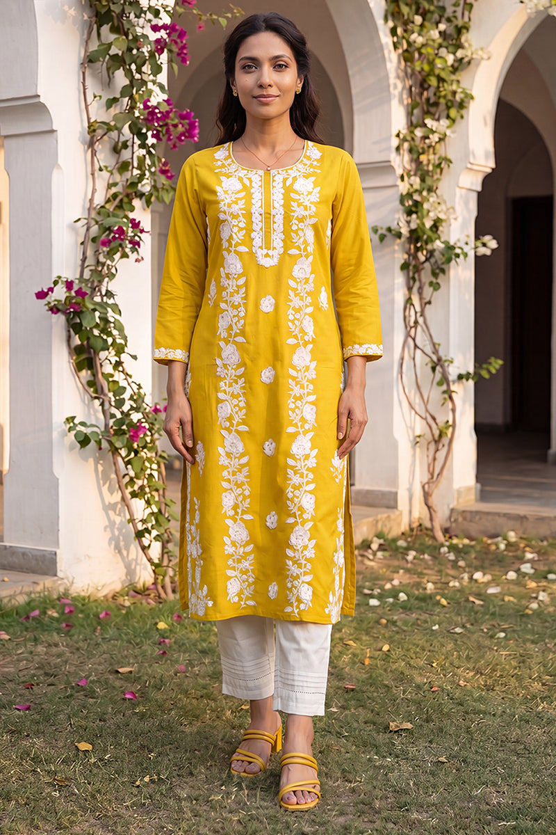 Ahika Womens Yellow Viscose Rayon Solid Embroidered Regular Kurta VCK9816