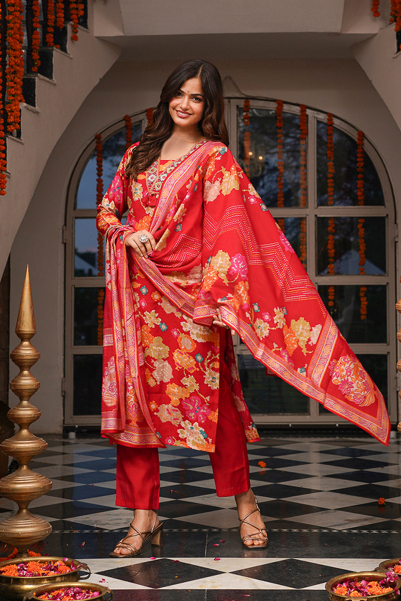 Red Viscose Rayon Floral Printed Straight Kurta Trousers With Dupatta PKSKD3079