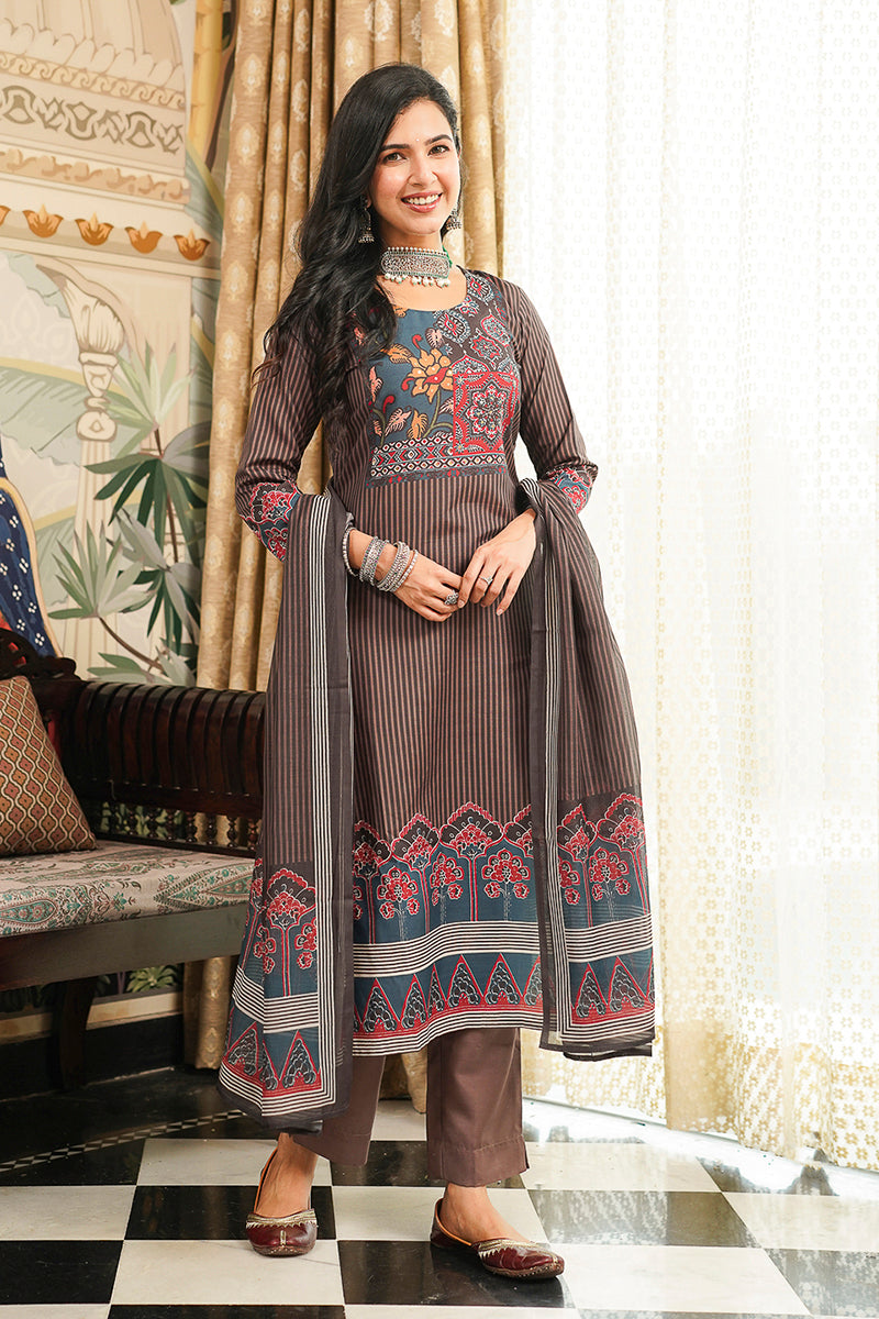 Brown Cotton Blend Ethnic Motifs Printed Straight Kurta Trousers With Dupatta PKSKD3072