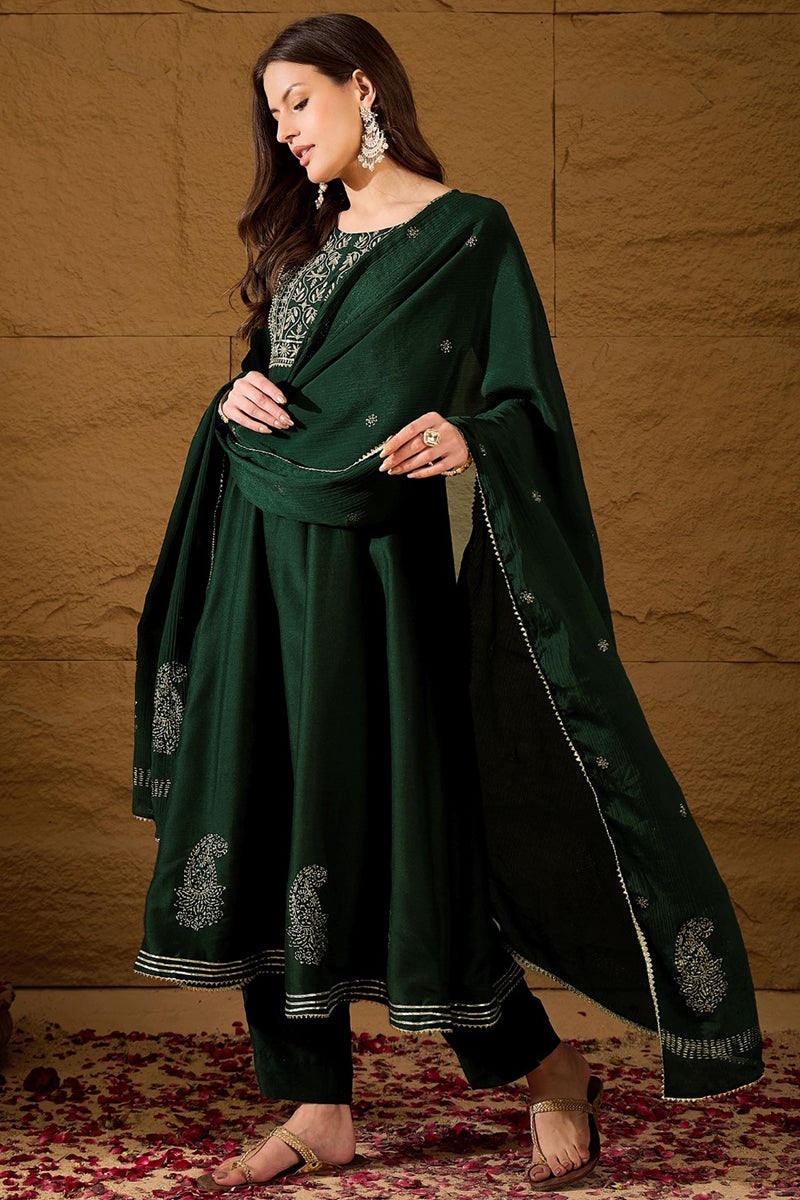 Green Silk Blend Embroidered Anarkali Suit Set VKSKD1218