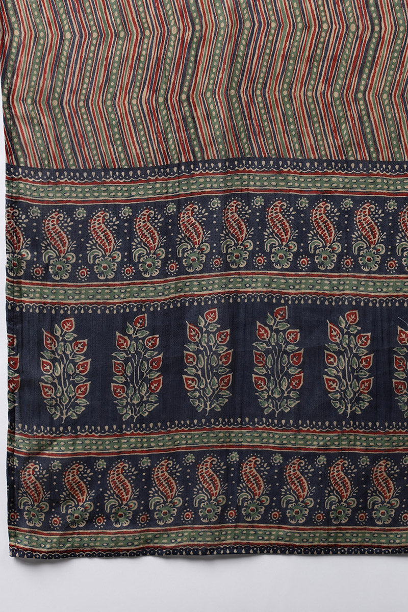 Navy Blue Cotton Ethnic Motifs Printed A-Line Suit Set VKSKD2133