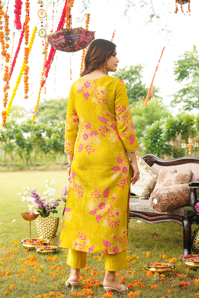Yellow Viscose Rayon Floral Embroidered Straight Kurta Trousers With Dupatta PKSKD3052