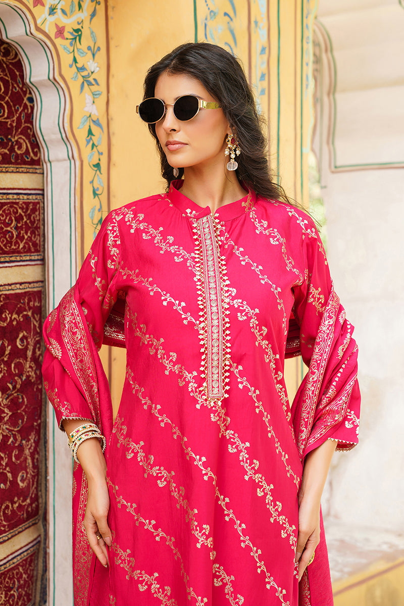 Pink Silk Blend Floral Printed Straight Kurta Trousers With Dupatta SKSKD3044