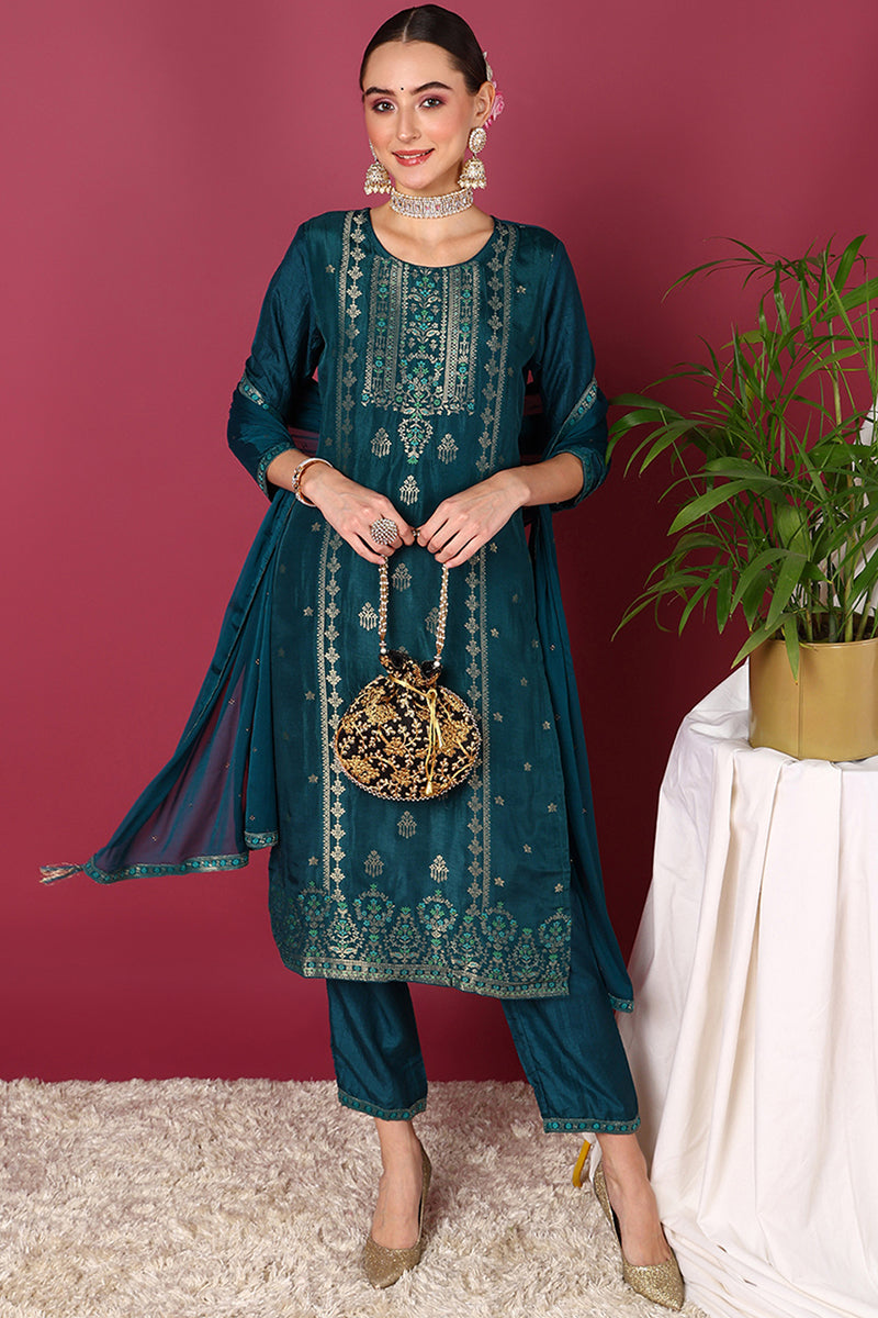 Teal Silk Blend Ethnic Motifs Woven Design Straight Suit Set PKSKD1780