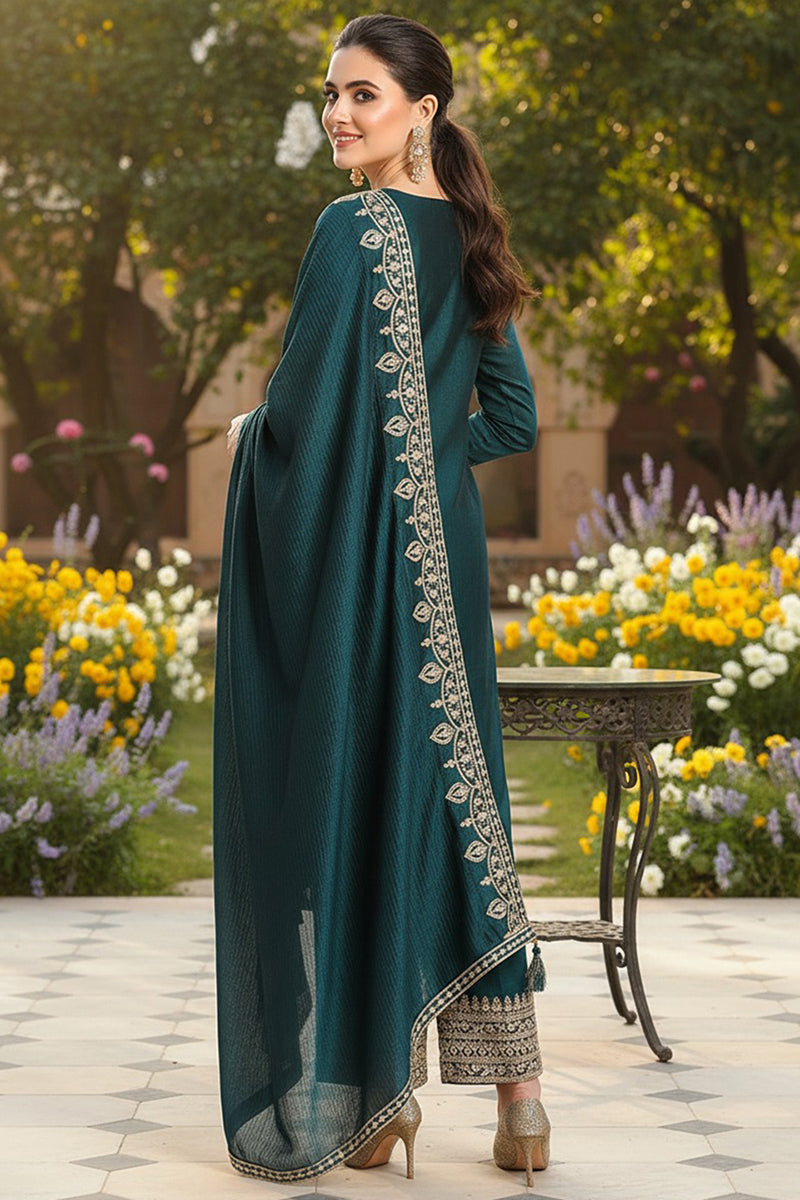 Green Silk Blend Solid Embroidered Straight Suit Set PKSKD2261