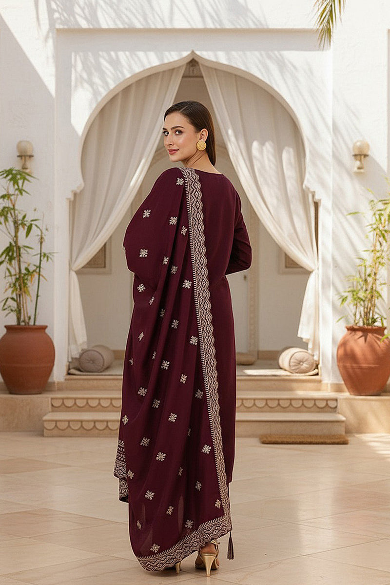 Burgundy Silk Blend Solid Straight Kurta Trousers With Dupatta PKSKD1759
