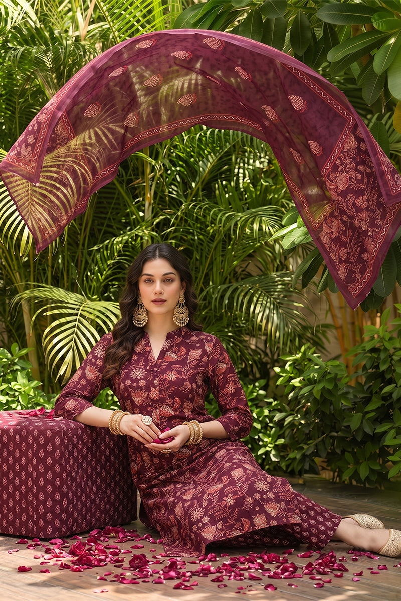 Maroon Rayon Blend Floral Printed Straight Suit Set VKSKD2149
