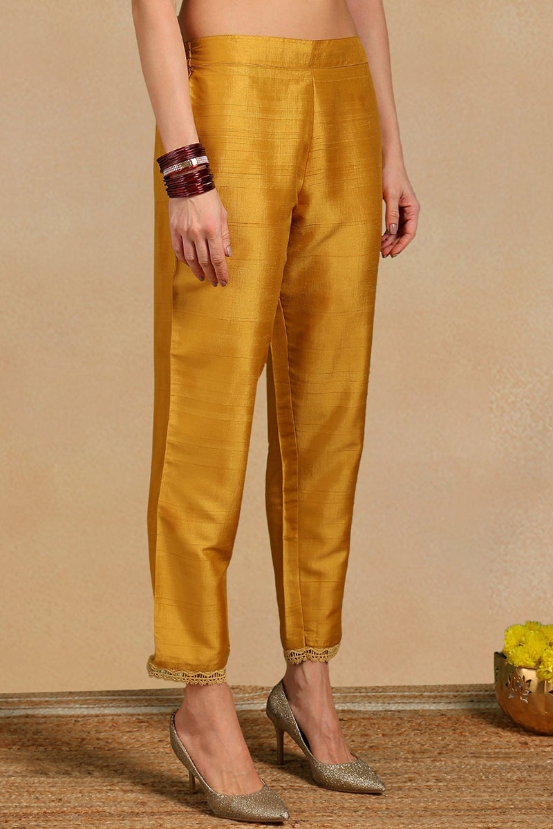 Mustard Yellow Silk Blend Floral Embroidered Straight Suit Set PKSKD2240