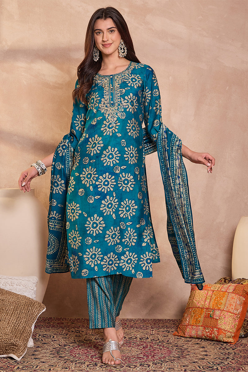 Blue Rayon Blend Floral Printed Straight Kurta Trouser With Dupatta VKSKD3215