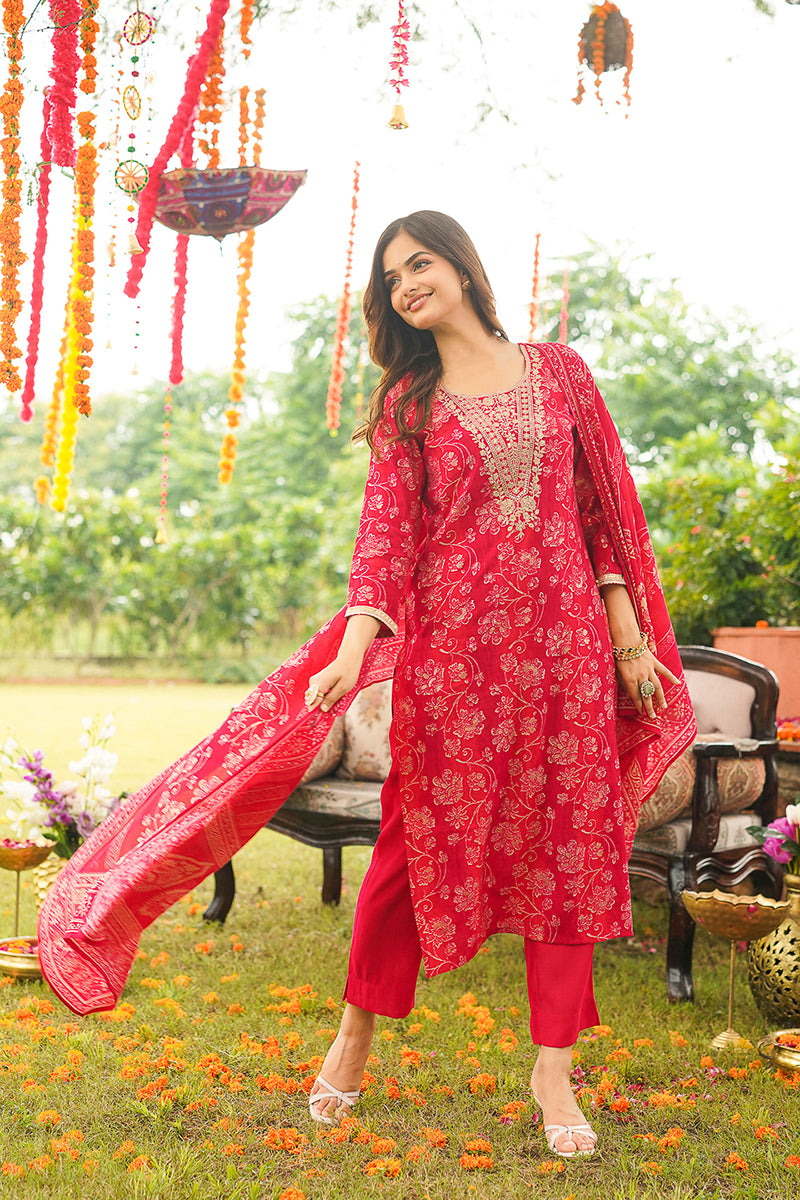 Red Viscose Rayon Floral Embroidered Straight Kurta Trousers With Dupatta PKSKD3056