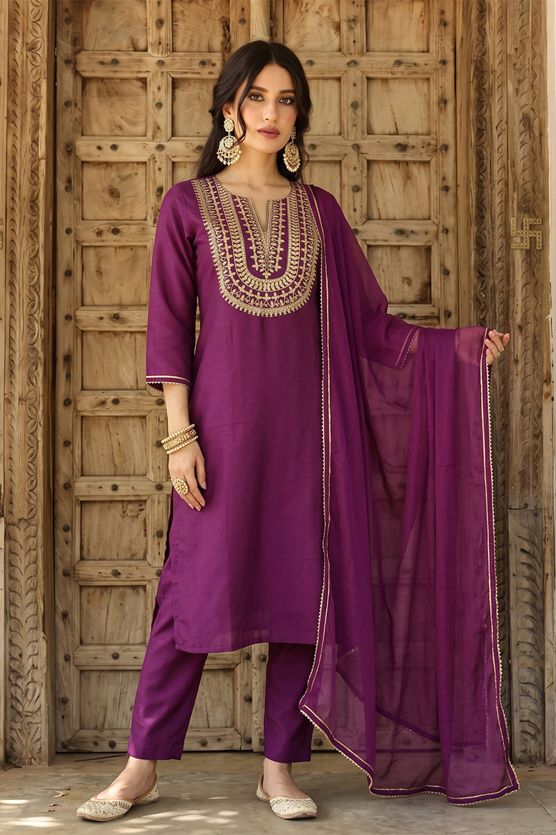 Silk Blend Purple Embroidered Straight Kurta Pant With Dupatta PKSKD1807