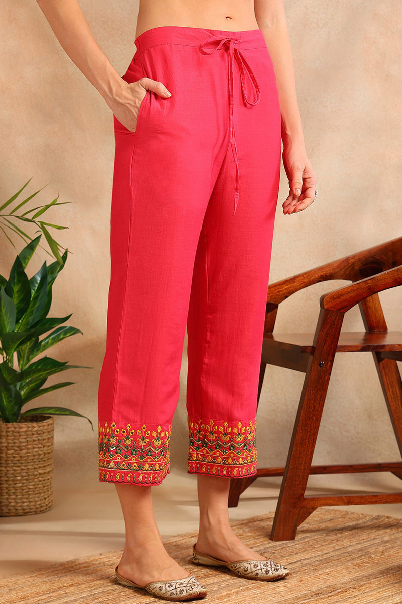 Pink Silk Blend Solid Embroidered Flared Suit Set PKSKD2114