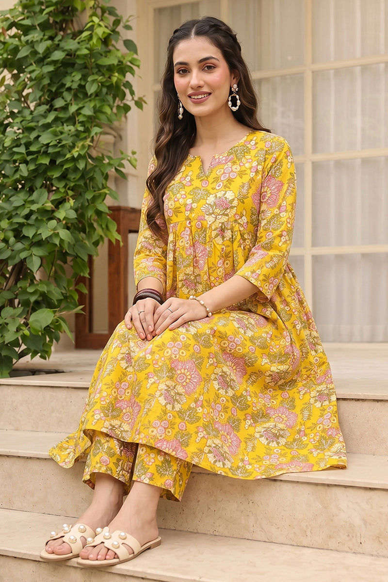 Cotton Blend Yellow Floral Digital Printed Regular Kurta VCK9823