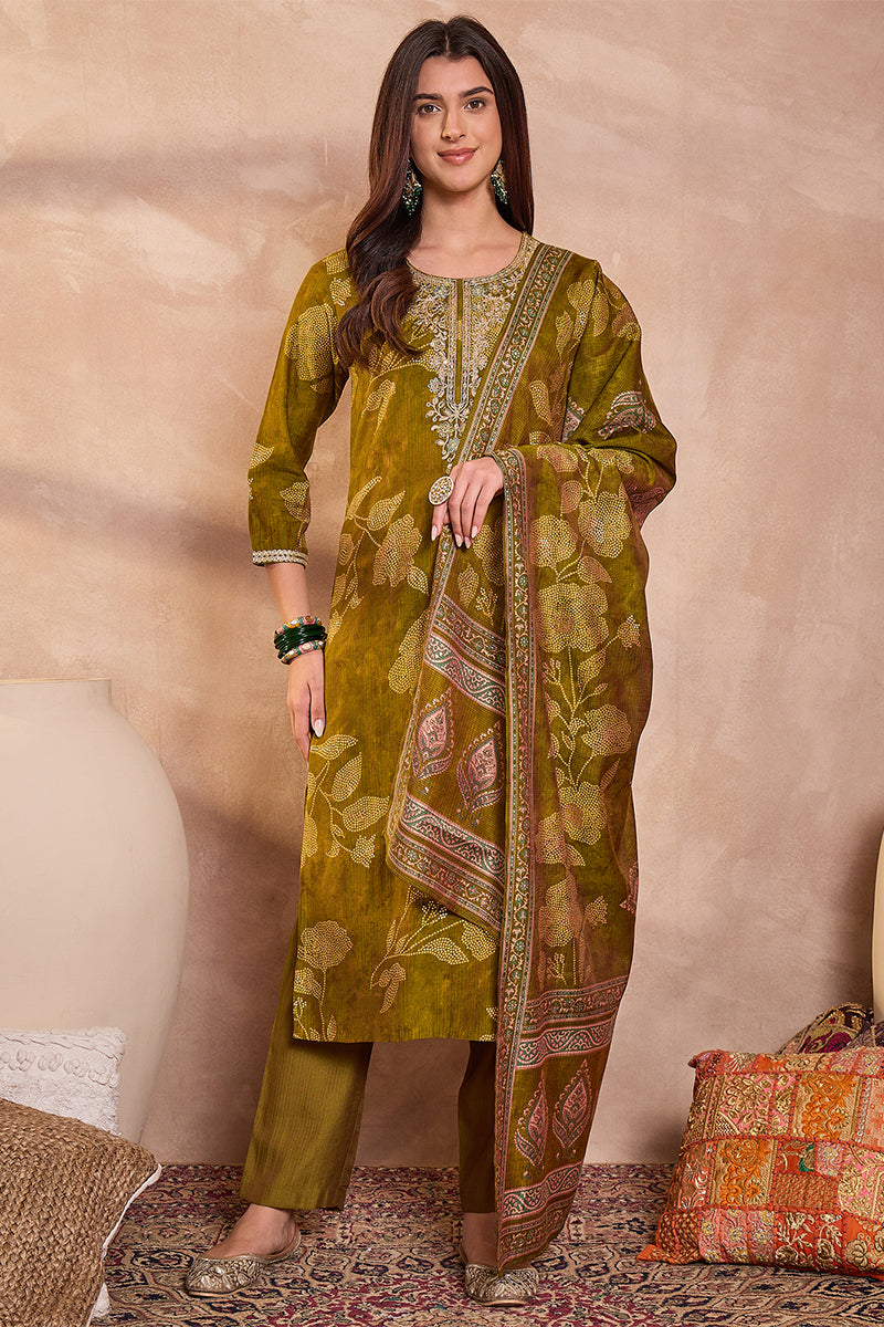 Green Silk Blend Floral Printed Straight Kurta Trouser With Dupatta PKSKD3209