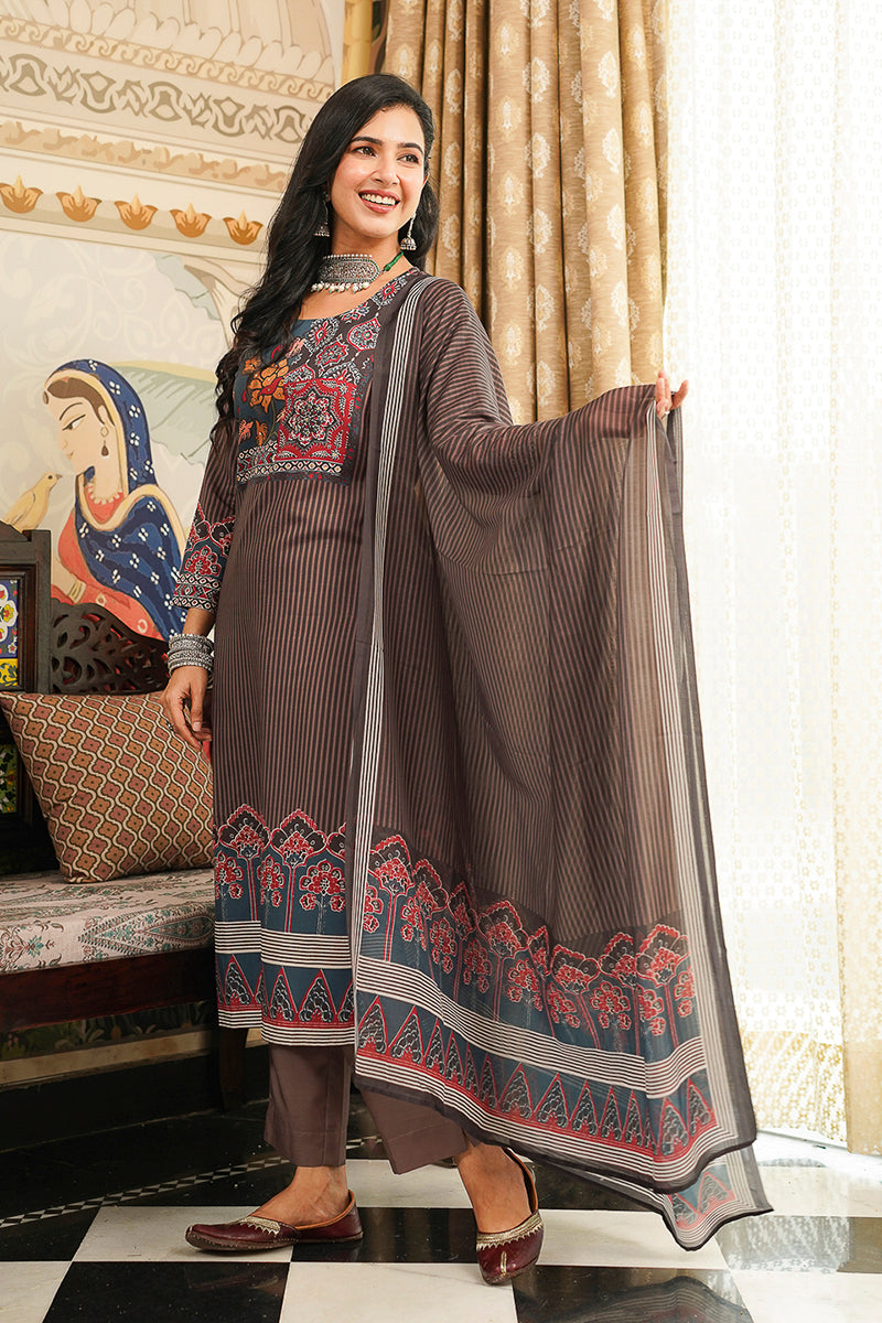 Brown Cotton Blend Ethnic Motifs Printed Straight Kurta Trousers With Dupatta PKSKD3072