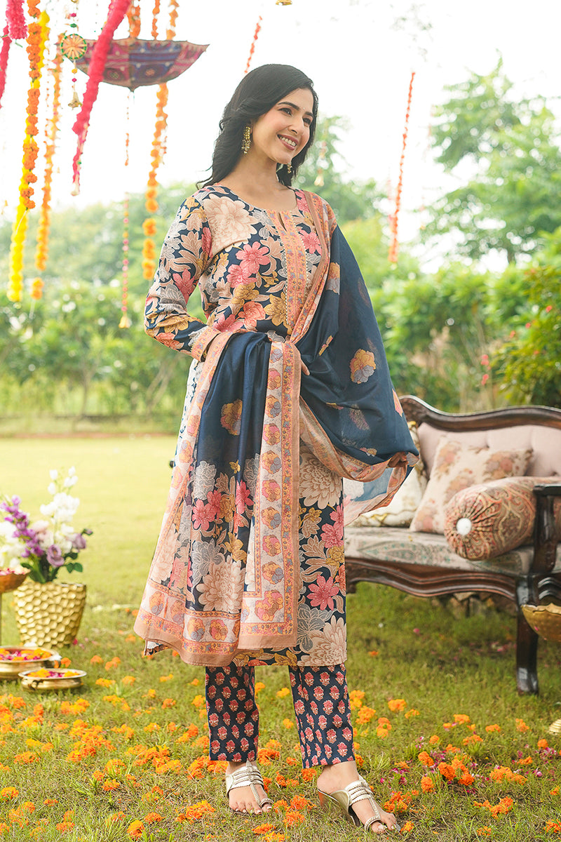 Blue Cotton Blend Floral Printed Straight Kurta Trousers With Dupatta VKSKD2415