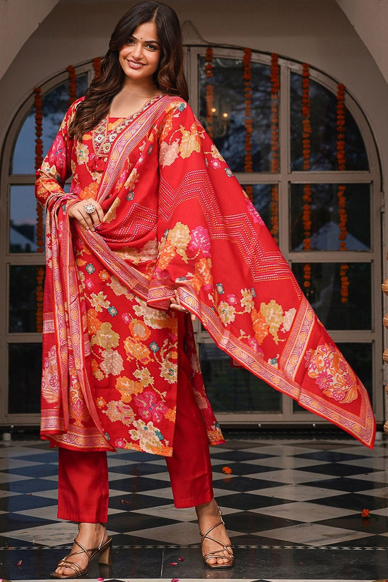 Red Viscose Rayon Floral Printed Straight Kurta Trousers With Dupatta PKSKD3079