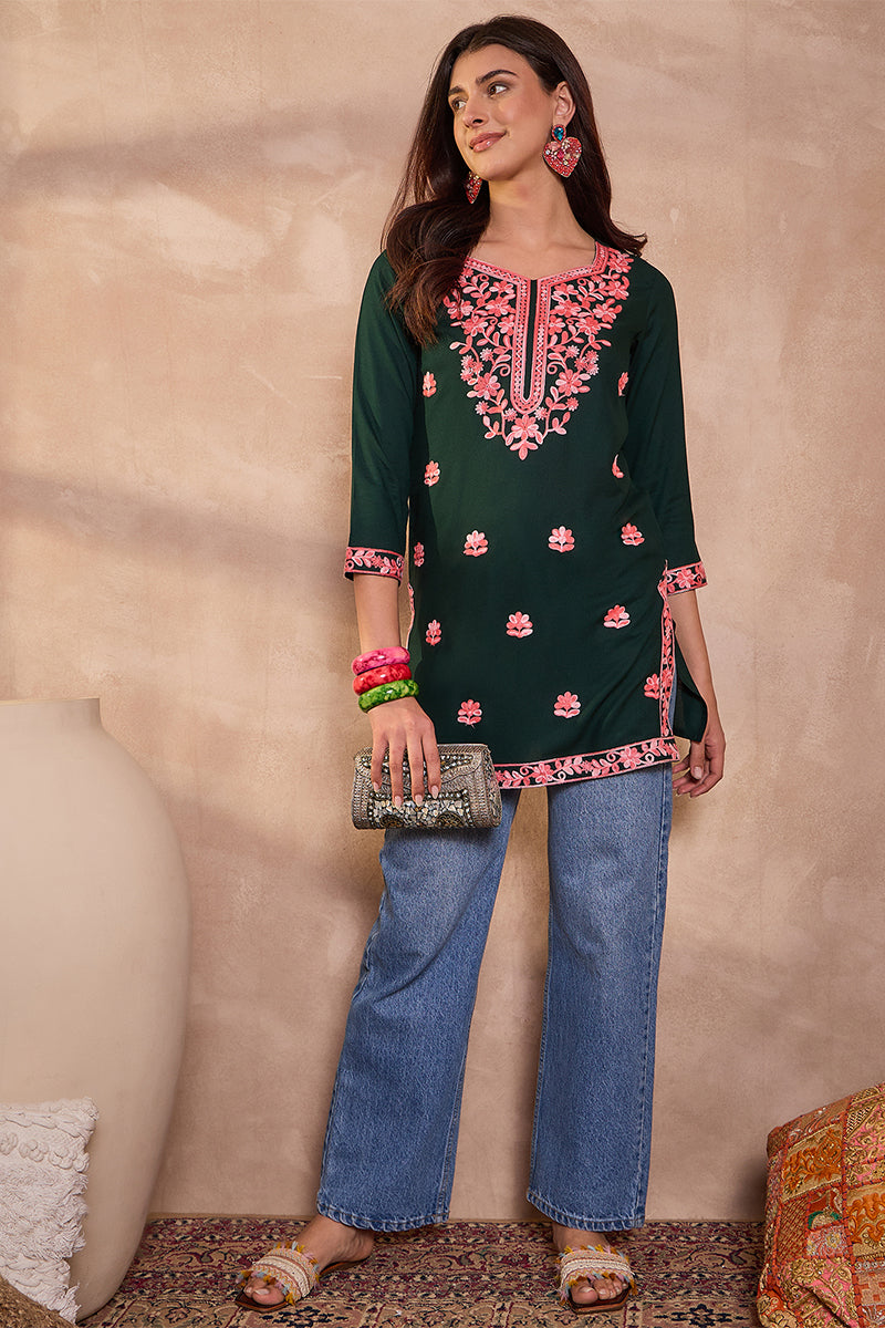 Ahika Womens Green Viscose Rayon Solid Embroidered Top VT1403