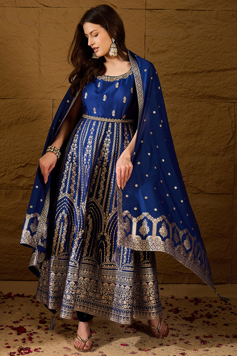 Blue Silk Blend Solid Embroidered Anarkali Kurta Bottom and Dupatta PKSKD3020