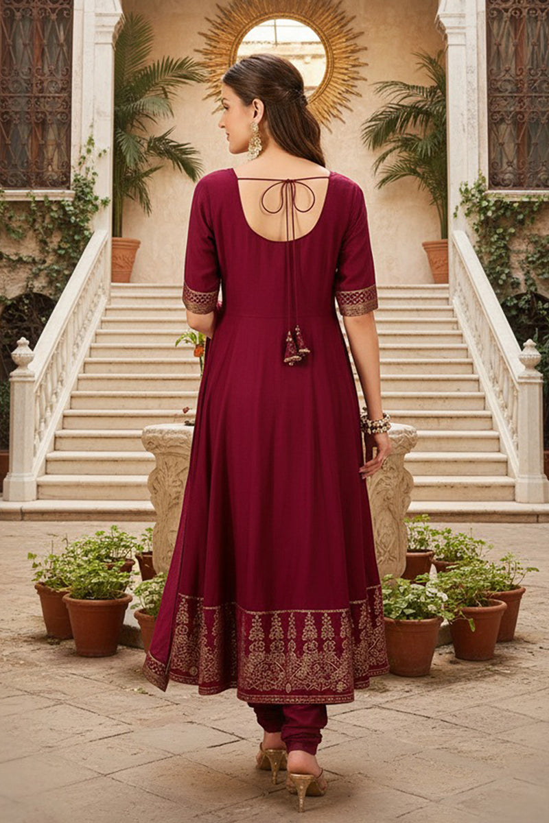 Magenta Silk Blend Woven Design Anarkali Suit Set PKSKD2066
