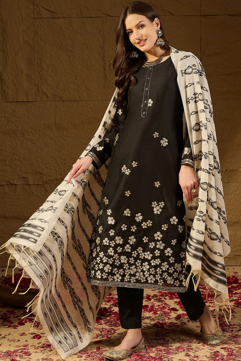 Black Poly Chanderi Solid Embroidered Straight Kurta Bottom and Dupatta PKSKD2900