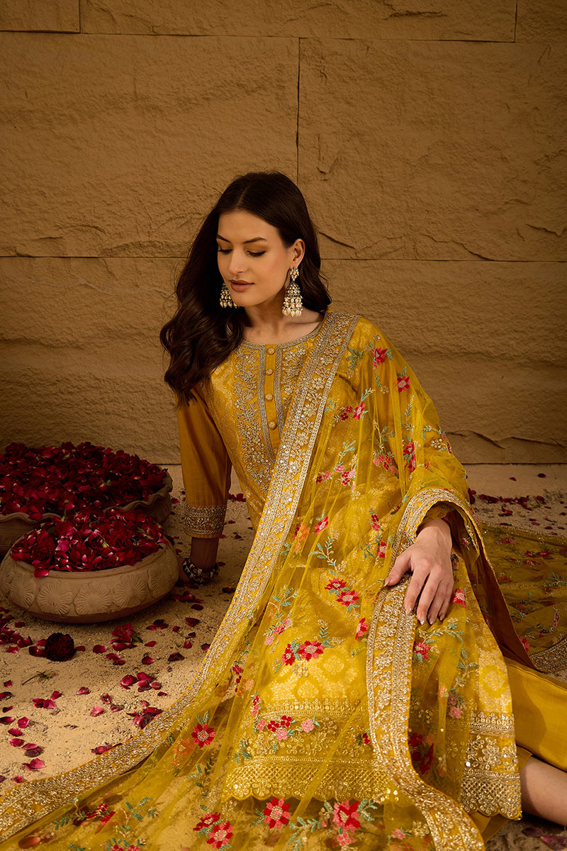 Yellow Silk Blend Solid Woven Design Straight Kurta Trousers With Dupatta PKSKD2935