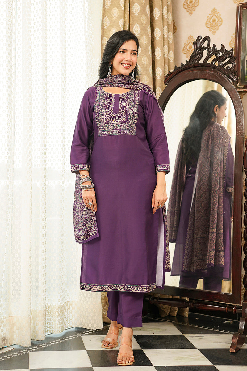 Purple Cotton Blend Ajrakh Printed Straight Kurta Trousers With Dupatta PKSKD3067