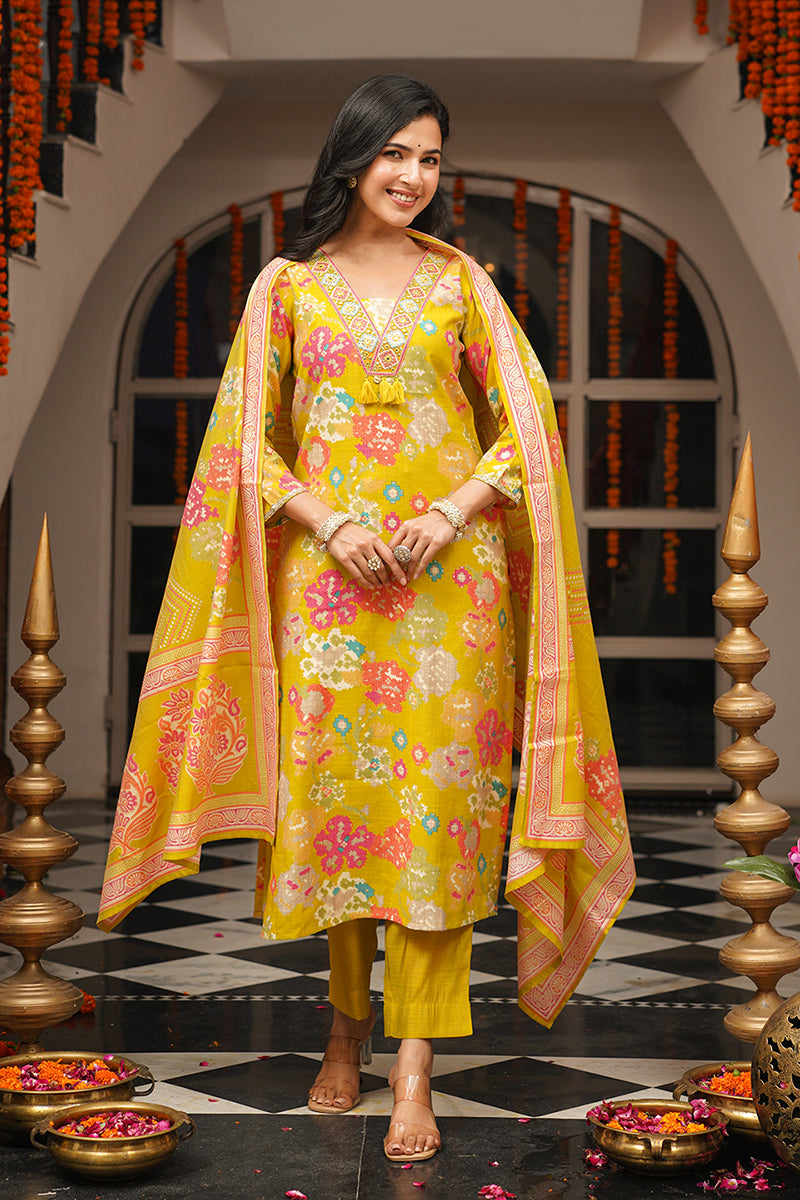 Yellow Viscose Rayon Geometric Embroidered Straight Kurta Trousers With Dupatta PKSKD3080