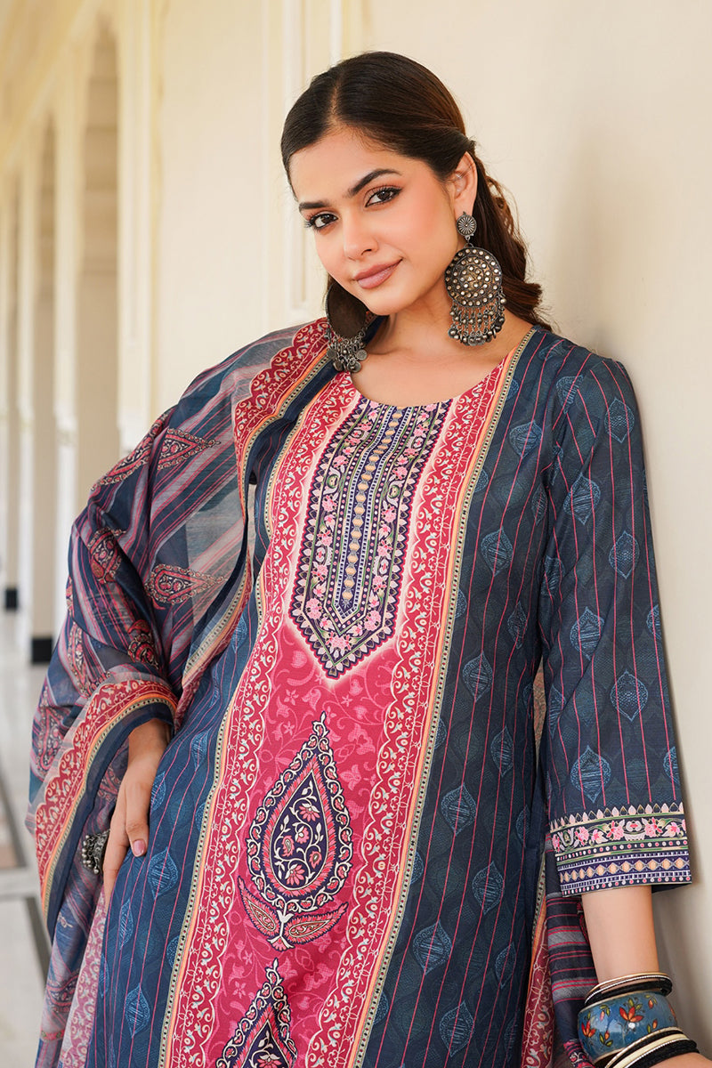 Blue Rayon Blend Ethnic Motifs Printed Straight Kurta Trouser With Dupatta SKSKD3053