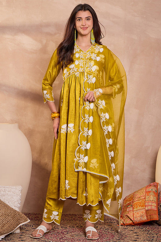 Mustard Silk Blend Solid Embroidered A-Line Kurta Trouser With Dupatta PKSKD2825