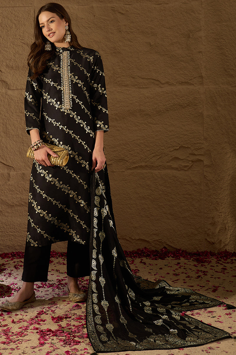 Black Silk Blend Ethnic Motifs Printed Straight Kurta Sets SKSKD3042