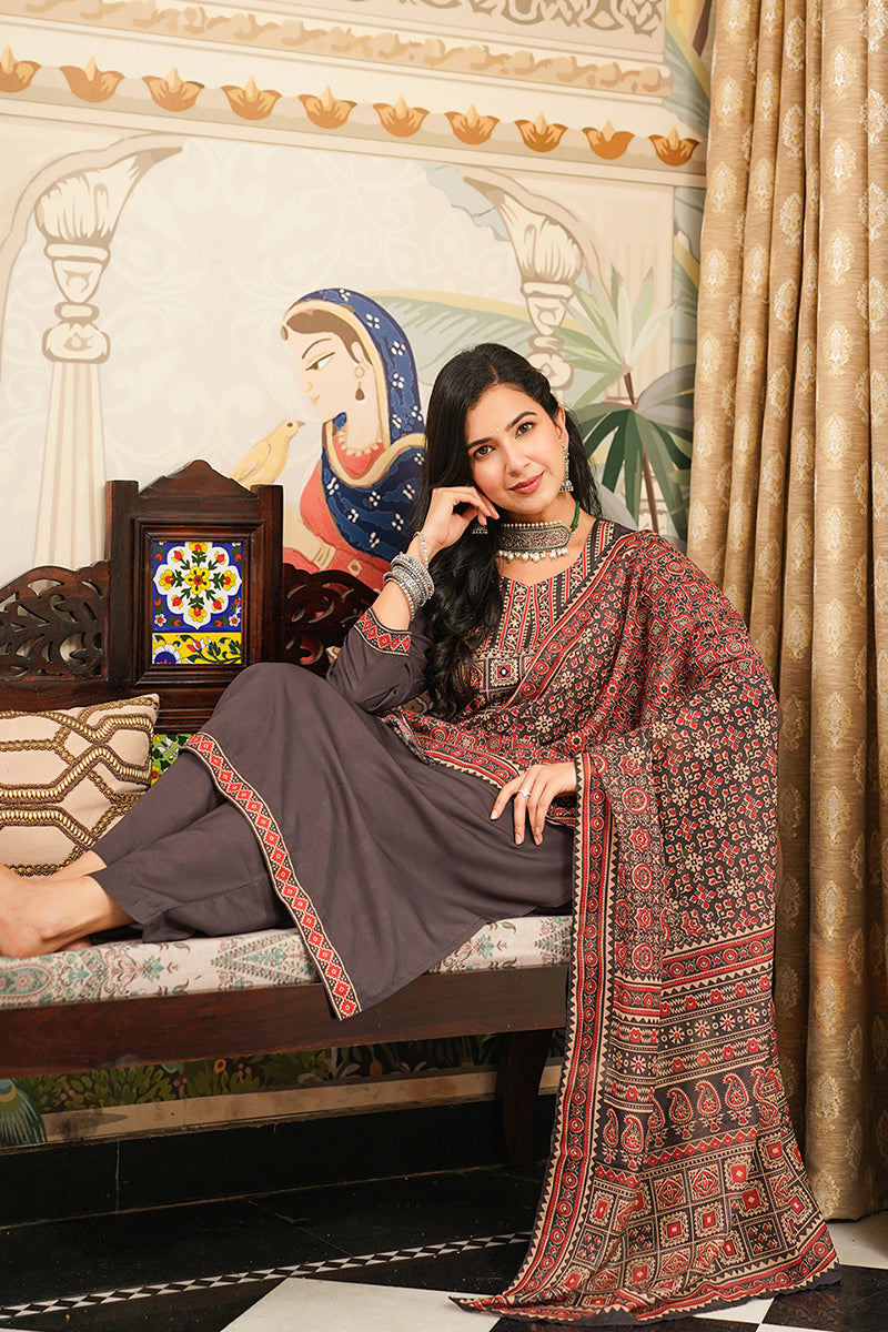 Black Cotton Blend Ajrakh Printed Straight Kurta Trousers With Dupatta PKSKD3065