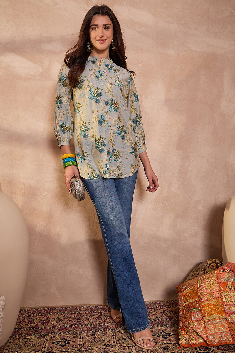 Grey Silk Blend Floral Printed Top VT1432