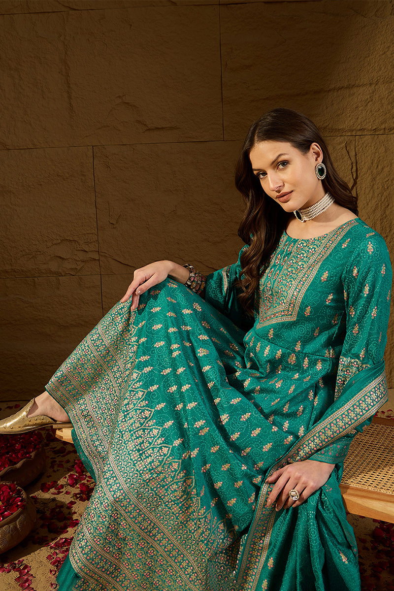 Teal Silk Blend Ethnic Motifs Woven Design Anarkali Kurta Trousers With Dupatta PKSKD2895