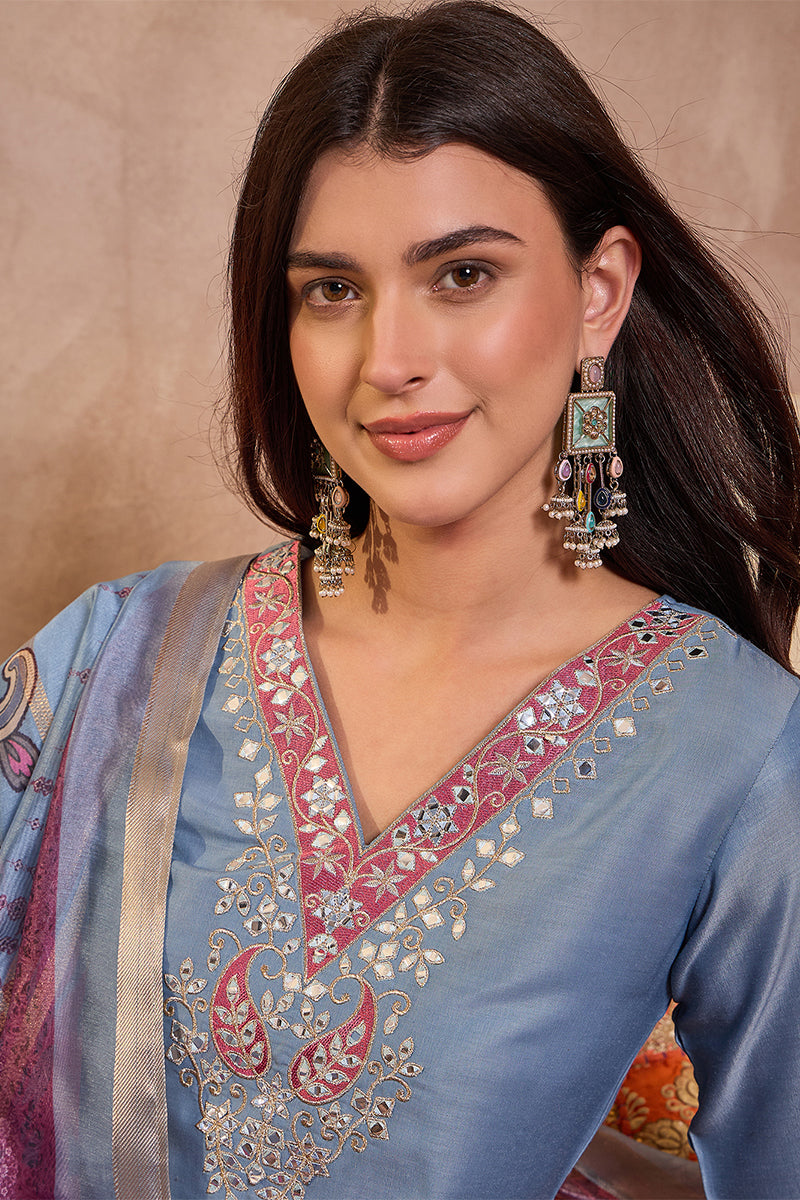 Blue Rayon Blend Solid Embroidered Straight Kurta Trouser With Dupatta PKSKD3100