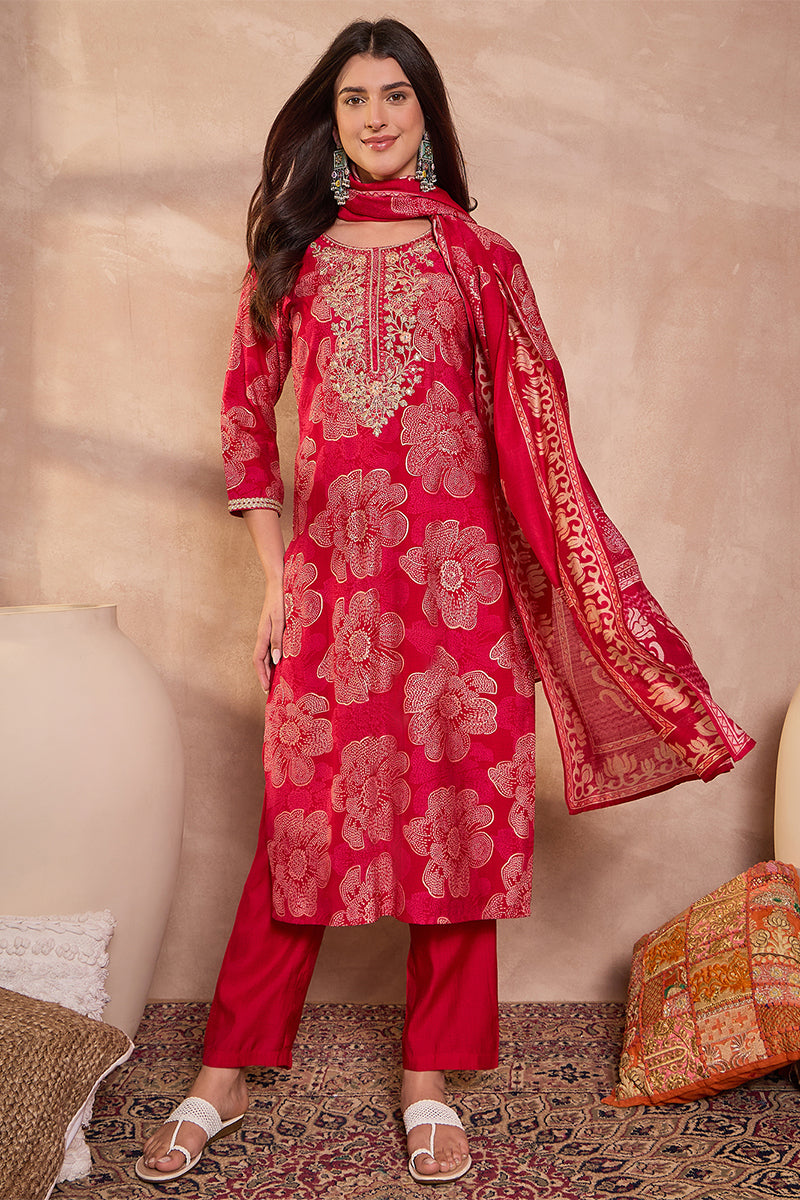Pink Poly Silk Floral Printed Straight Kurta Trouser With Dupatta VKSKD3208
