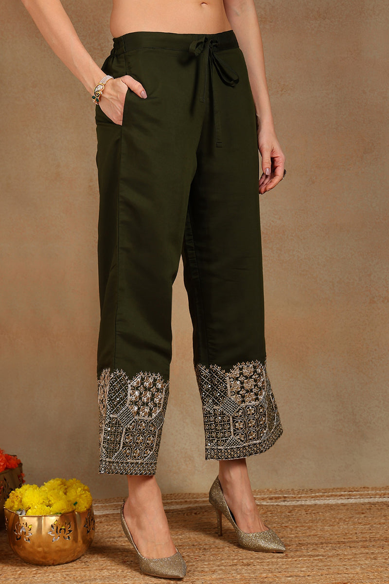 Olive Green Silk Blend Solid Straight Suit Set PKSKD2744