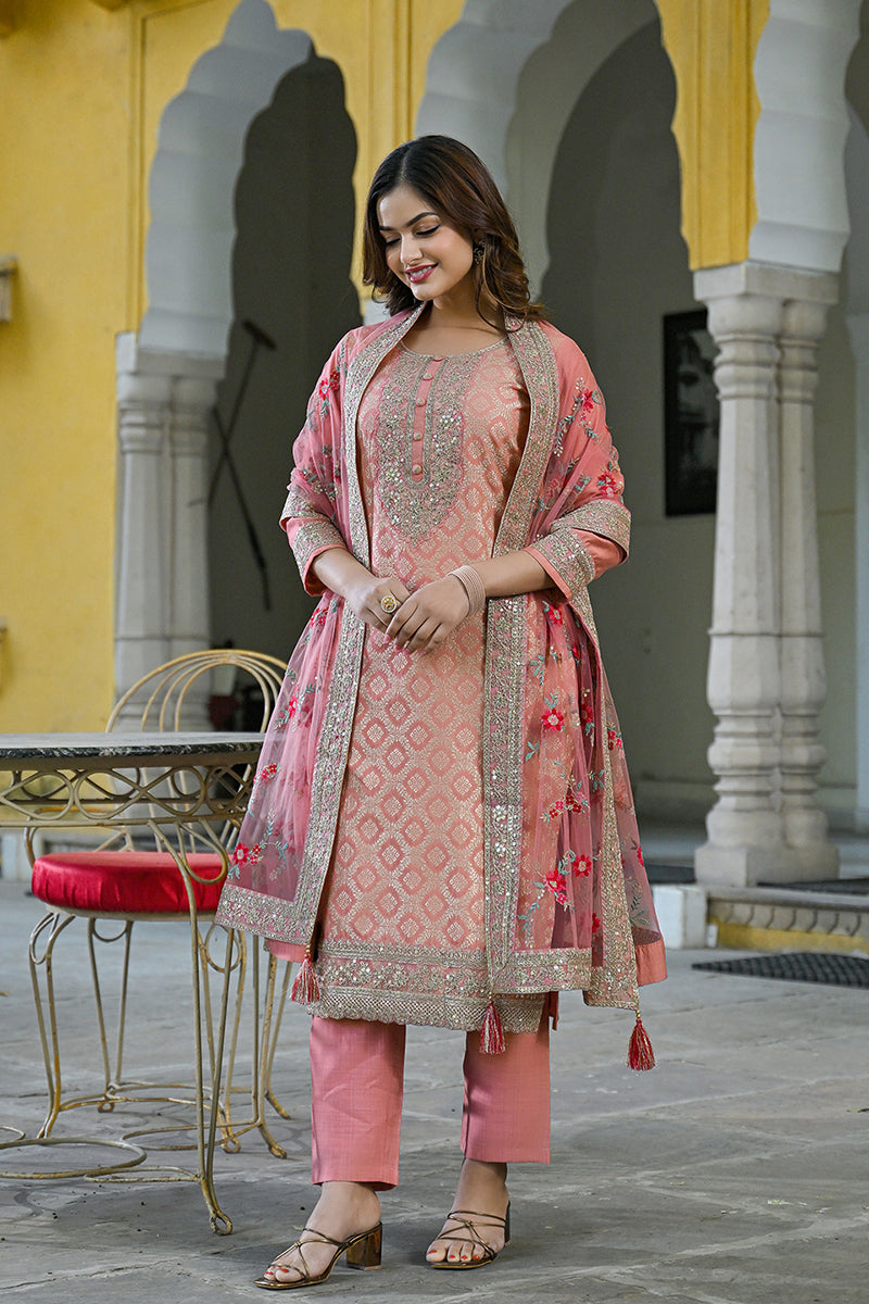 Peach Silk Blend Solid Woven Design Straight Kurta Trousers With Dupatta PKSKD2924