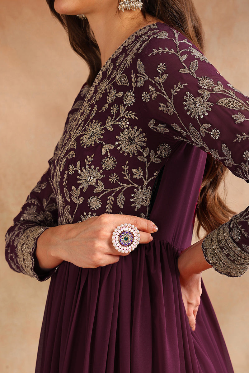 Wine Georgette Solid Embroidered Anarkali Gown with Dupatta VKSET1520WIN