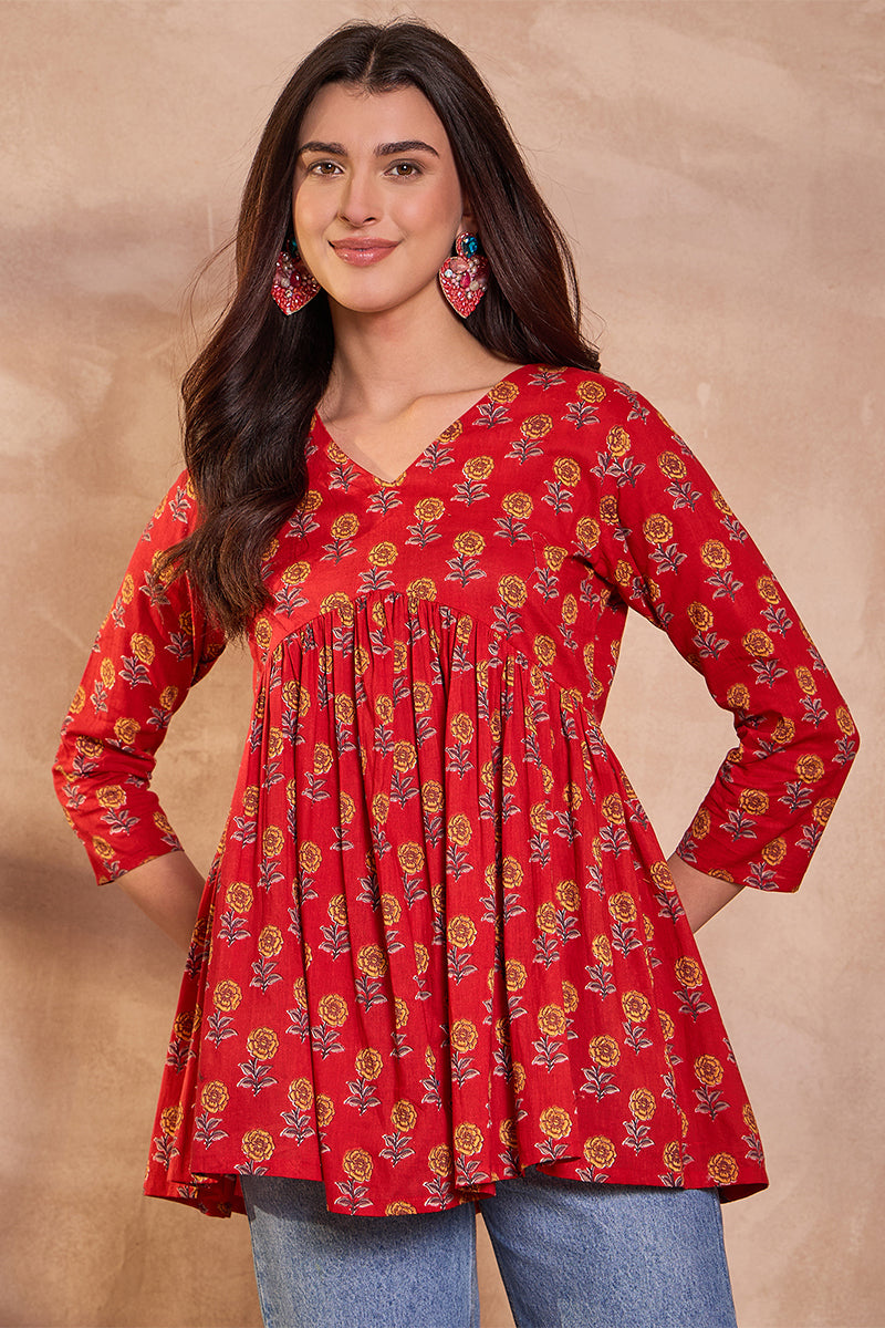Red Cotton Blend Floral Printed Top VT1355